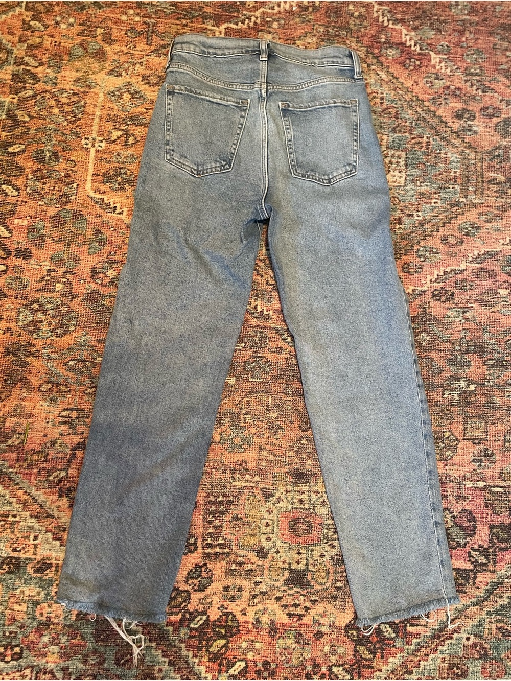 Old Navy Women's Light Blue Distressed Sky-Hi Straight Cut Botton-Fly Jeans - Picture 2 of 11